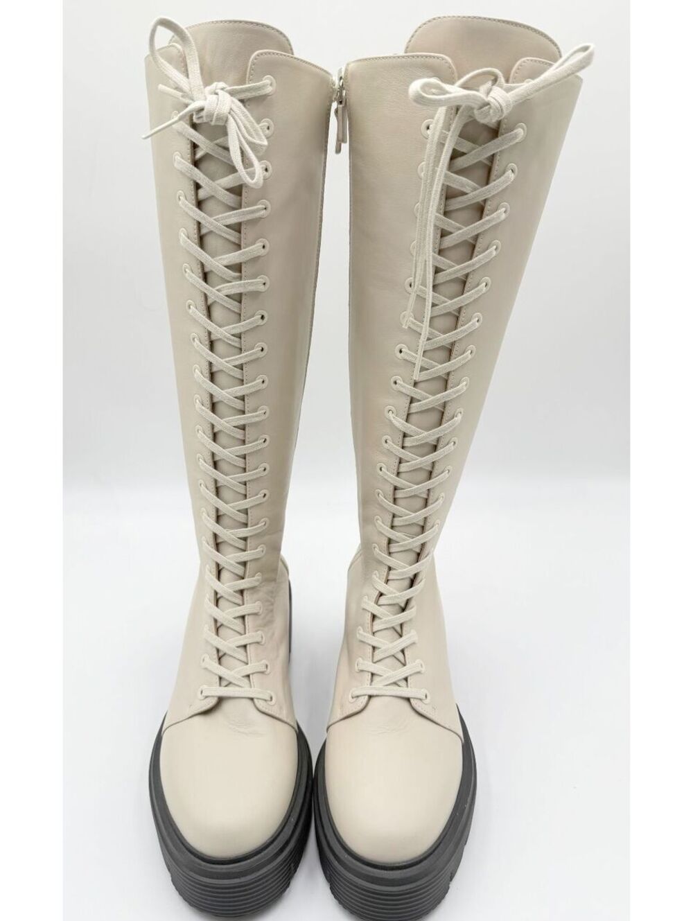 Stuart Weitzman Soho Oat Beige Leather Lace Up Chunky Platform Lug Sole Boots 8